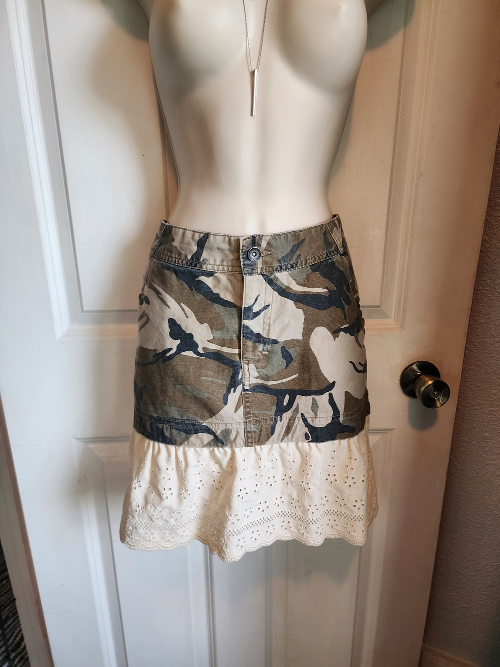 Upcycled Mossimo Supply Co. Camo Mini Skirt with White Eyelet Ruffle